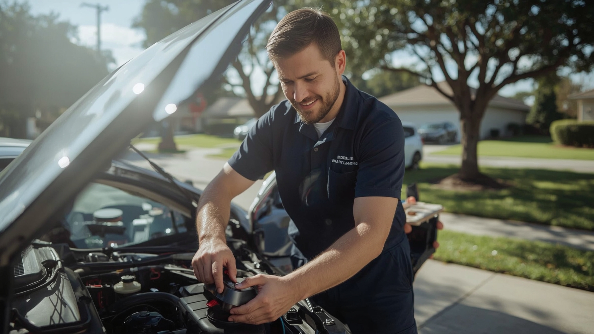 Apex Mobile Mechanic Orlando servicing a car in a residential neighborhood, providing reliable roadside assistance.